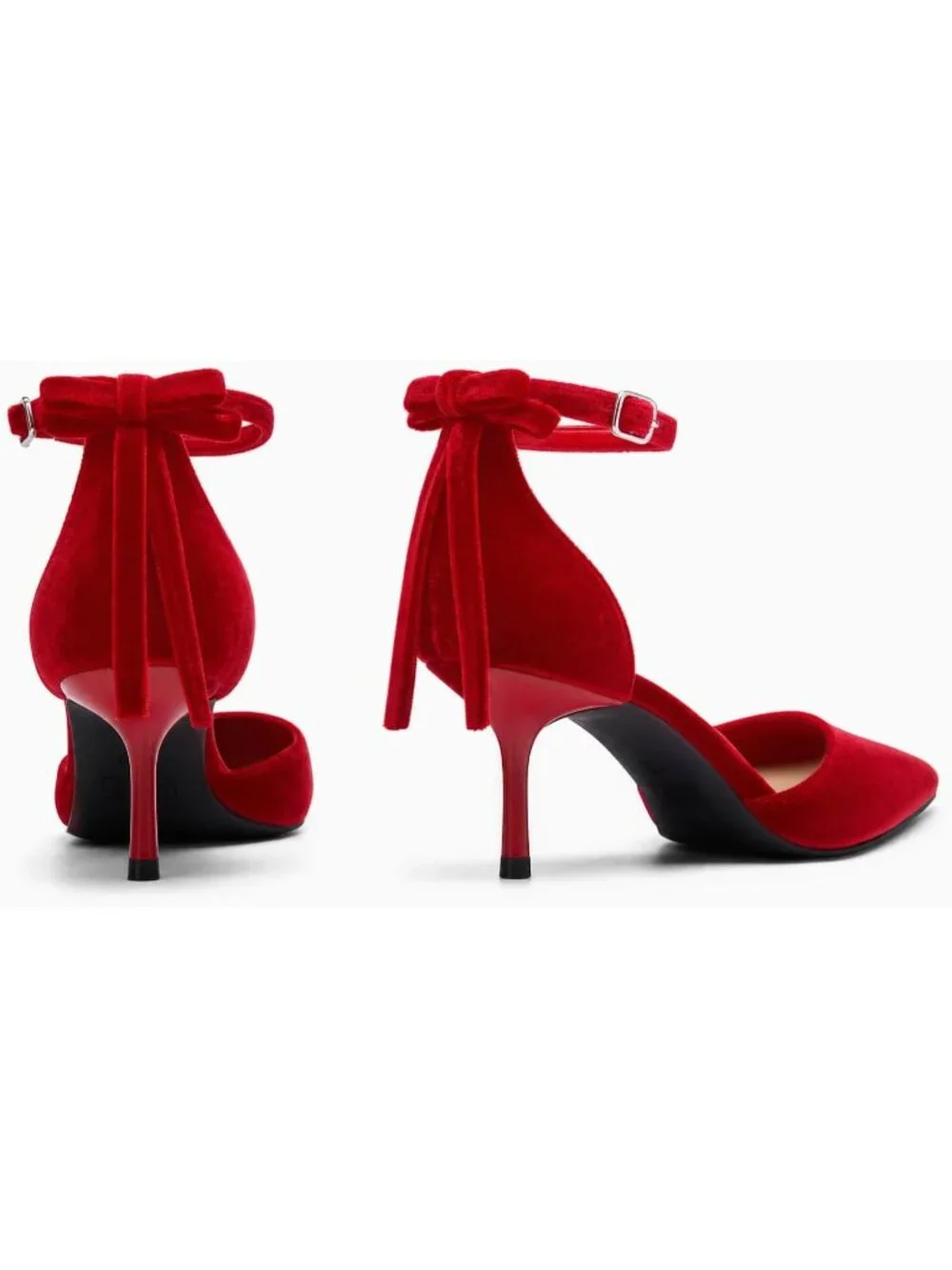 Women's Red Kitten Low Heels Closed Pointed Toe Pumps Bow Ankle Strap Shoes